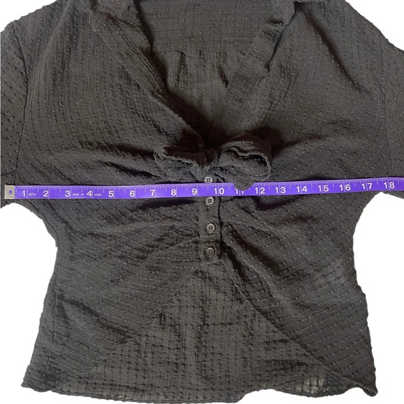 ZARA Knotted V Neck Collard Button Front Wide Sleeve Draped Textured Blouse - Picture 6 of 12